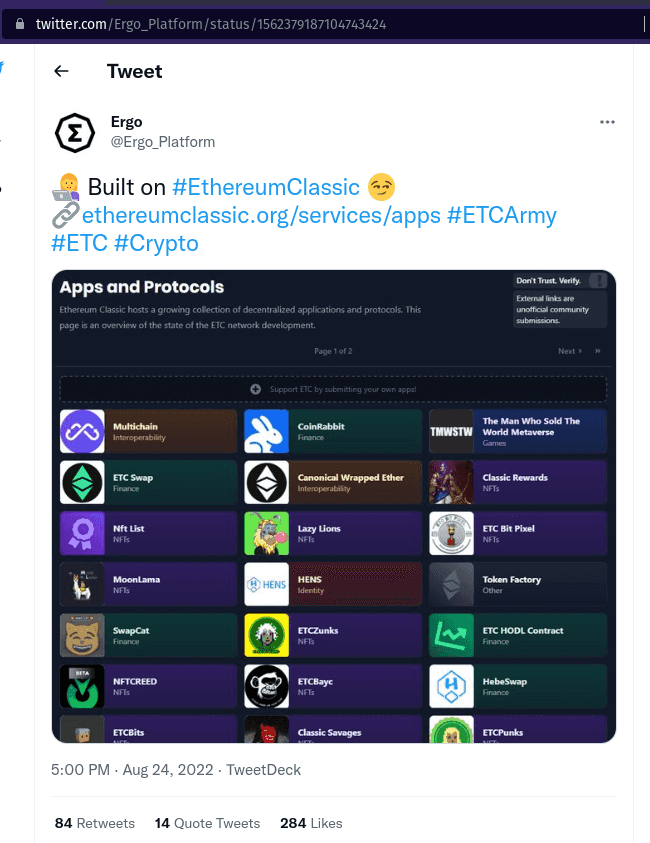 eth_clasic tweets appearing under Ergo_Project